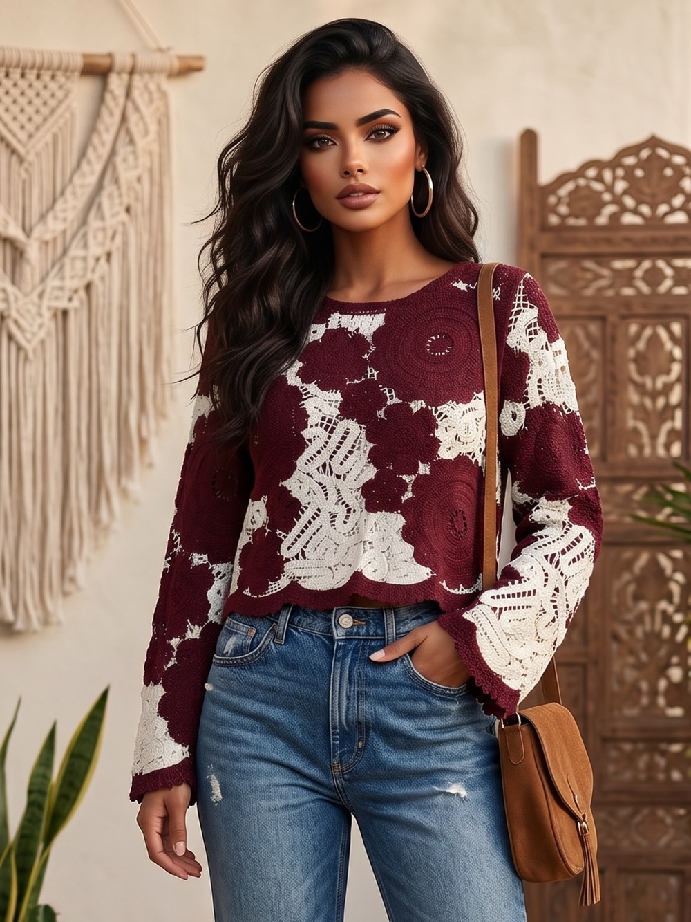 🌟B664. Boho Crochet Patchwork Knit Sweater